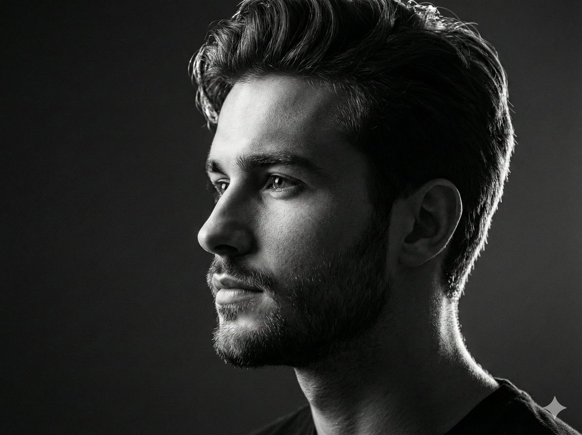 Black and white studio side-profile portrait prompt 生成效果示例