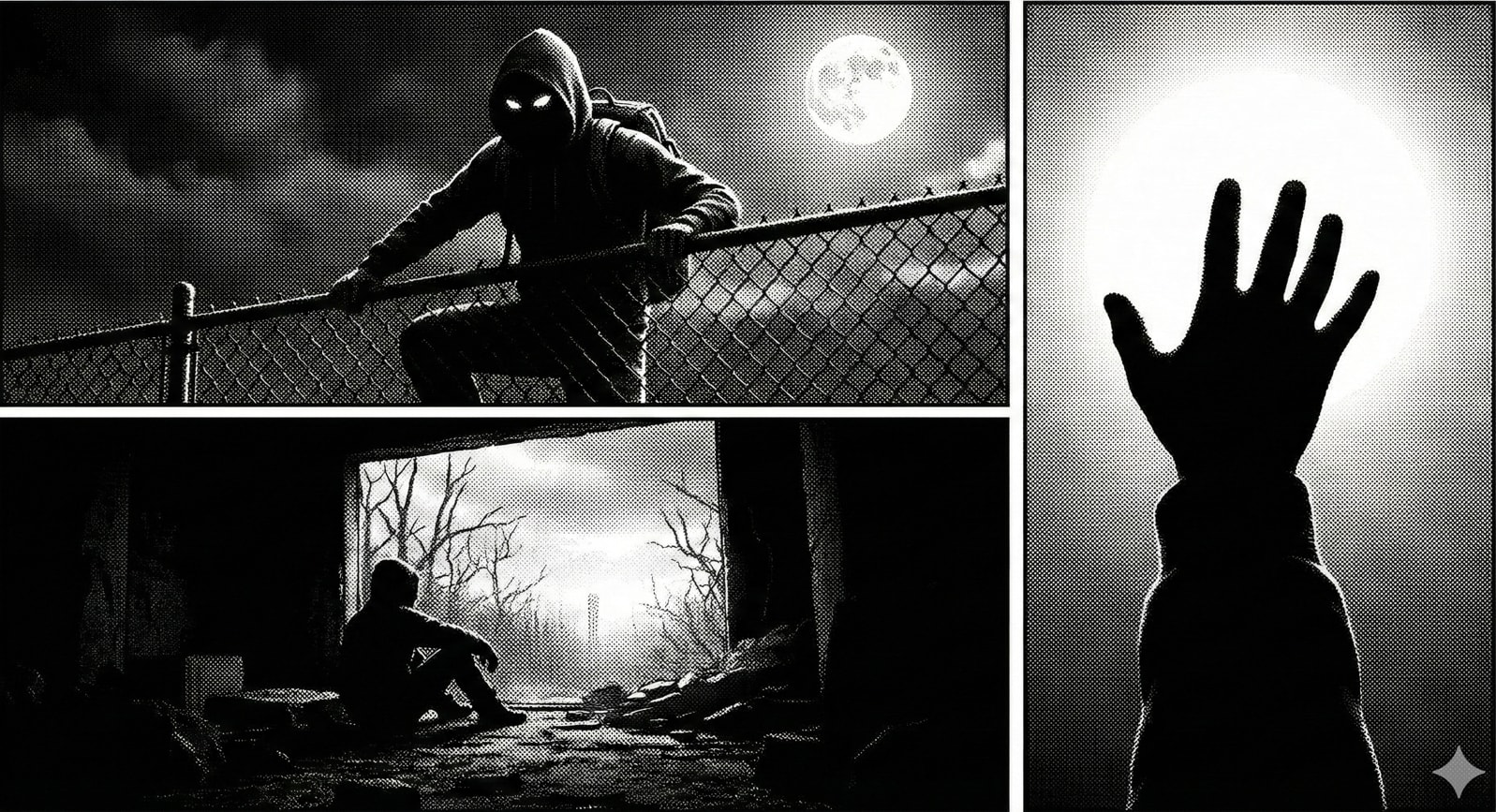 A three-panel monochromatic image 生成效果示例