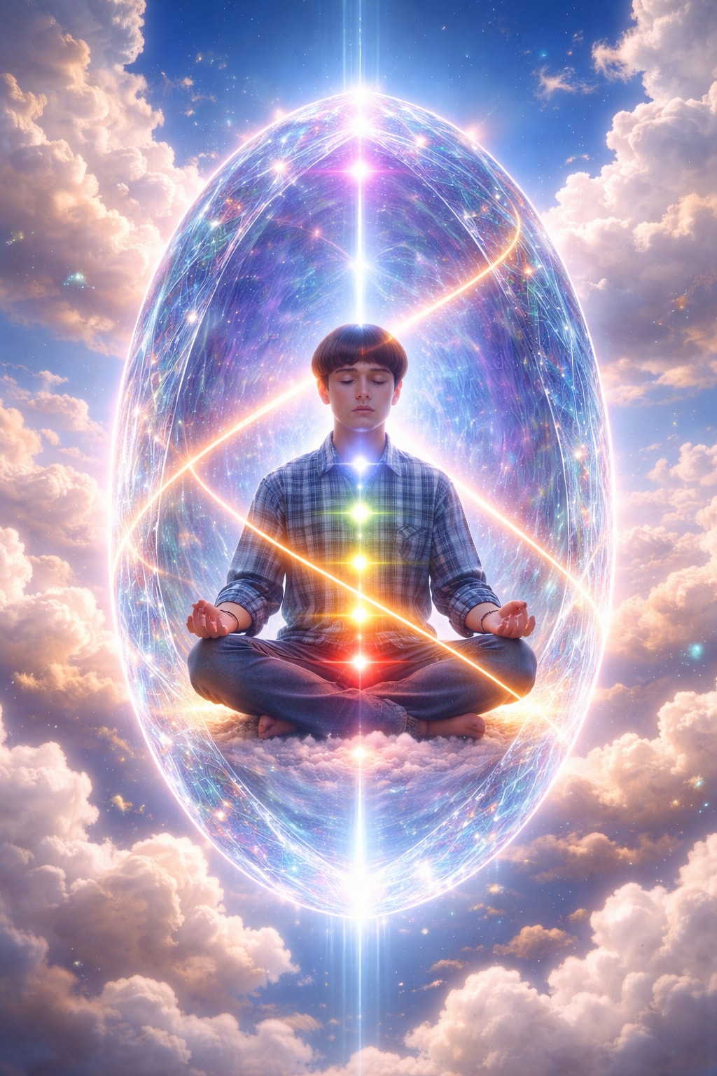 Subject meditating in a crystal sphere 生成效果示例