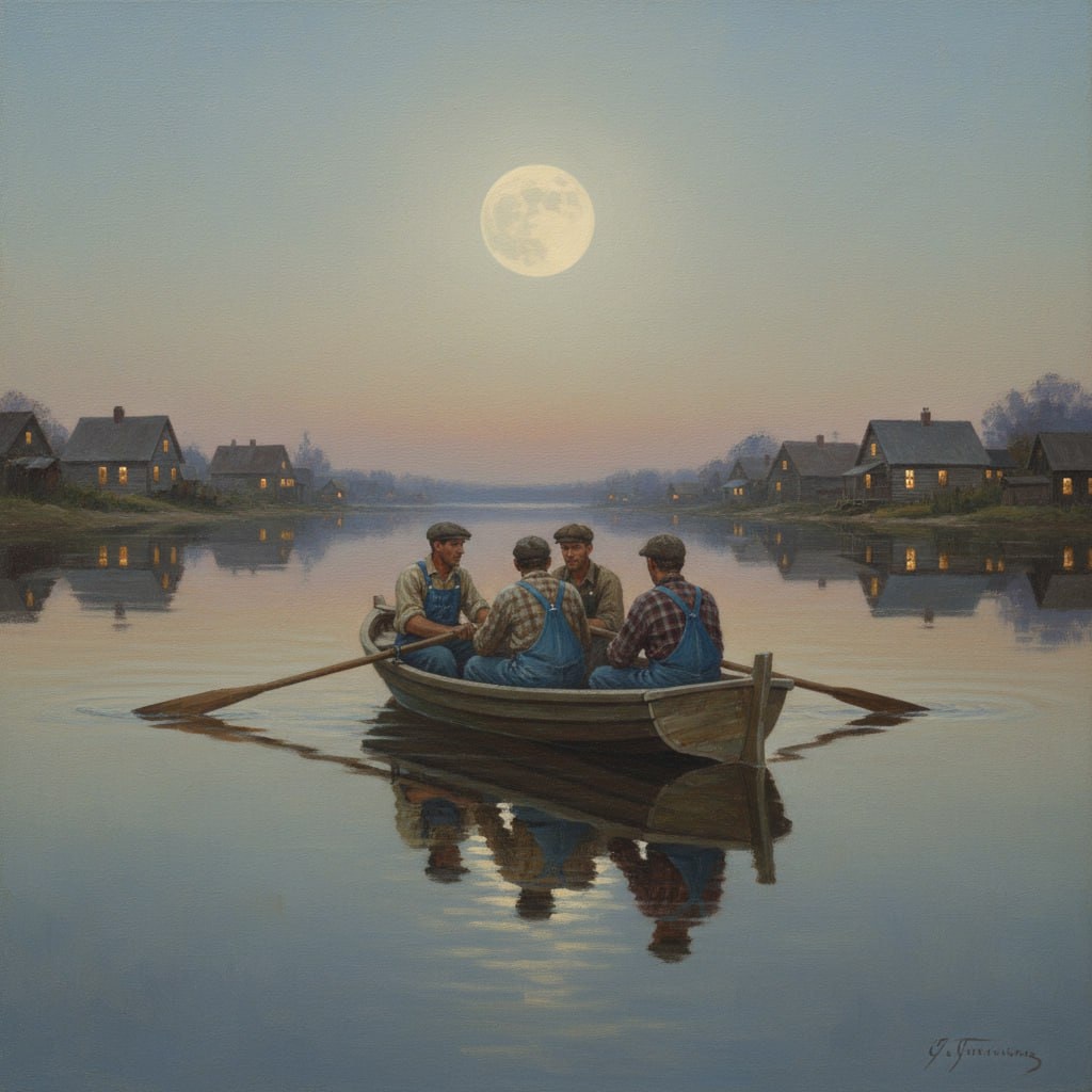 Serene Evening Rowboat Scene in Illustrative Realism 生成效果示例