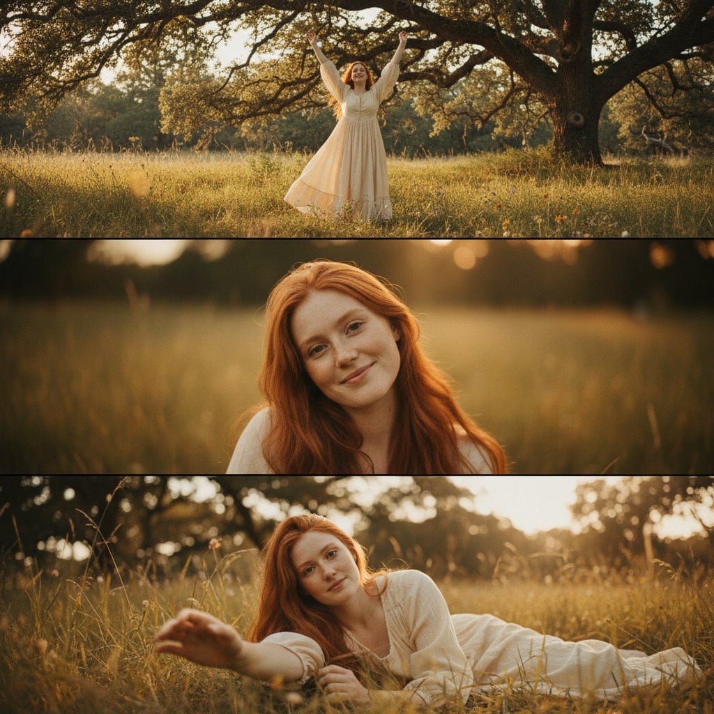 Cinematic Photography Triptych: Serene Meadow Portrait 生成效果示例