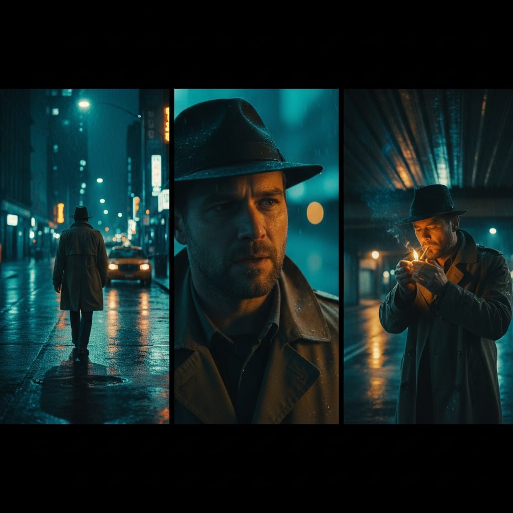 Cinematic Neo-Noir Triptych in Digital Art 生成效果示例