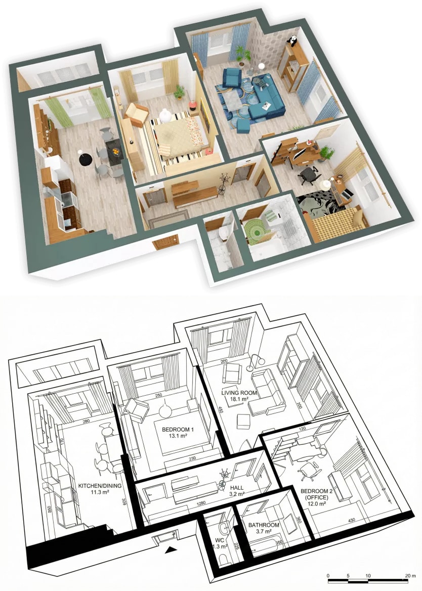 3D to 2D Floor Plan Converter 生成效果示例