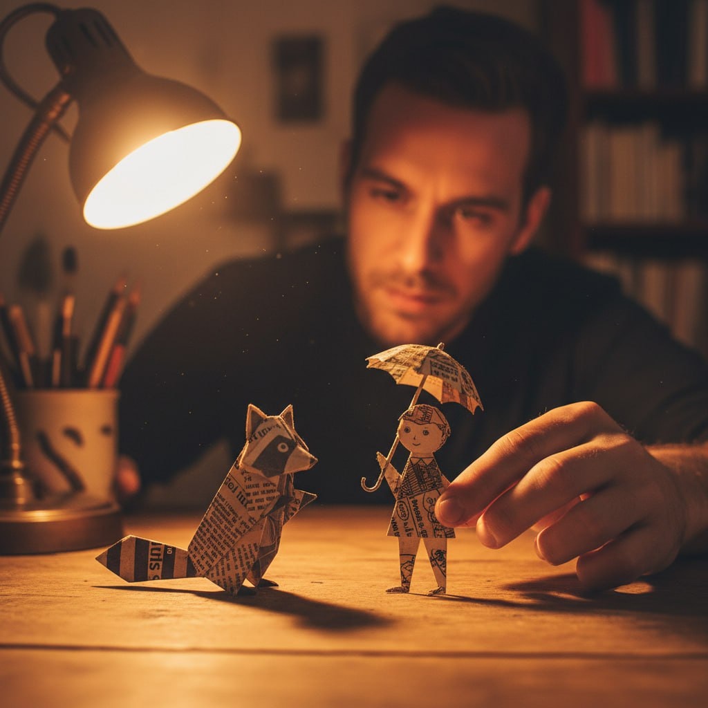 Warm-Toned Creative Scene with Paper Figures 生成效果示例