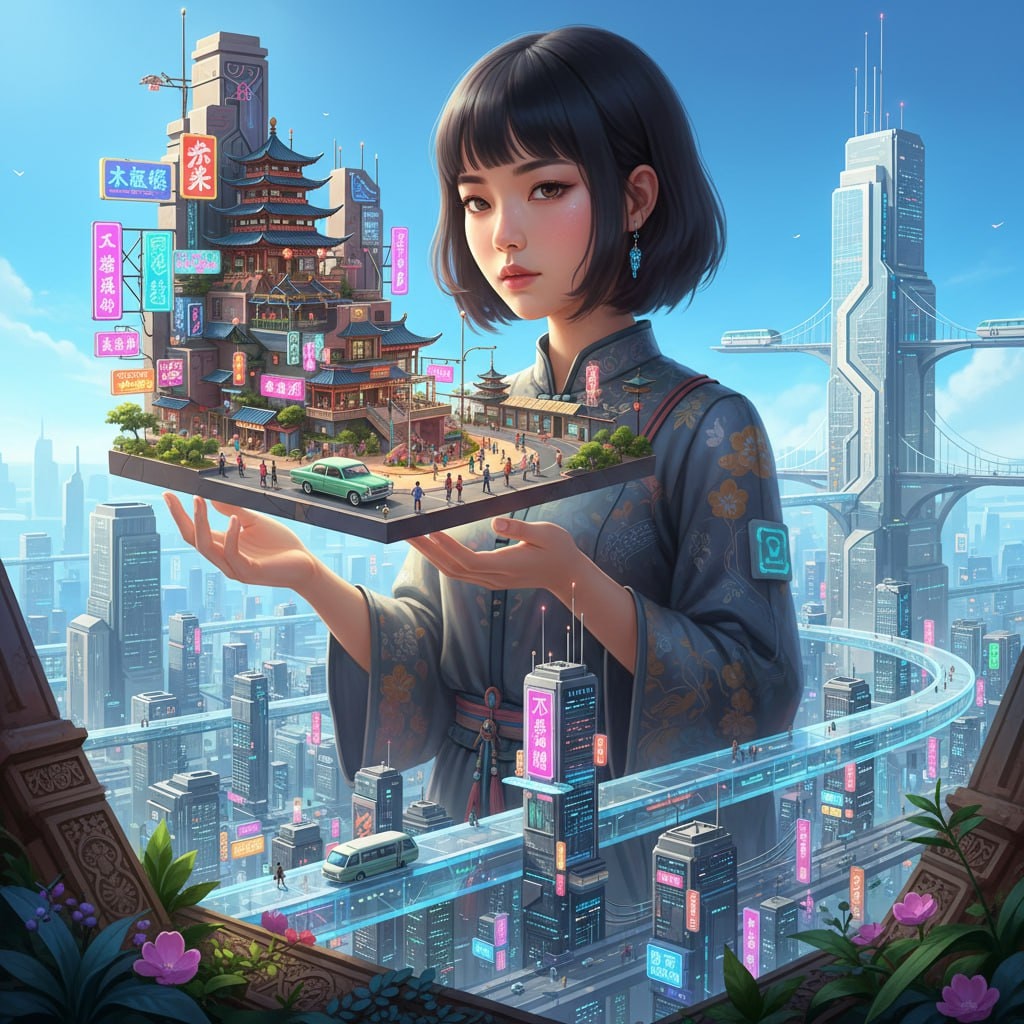 Surreal Miniature Cityscape with Giant Observer 生成效果示例