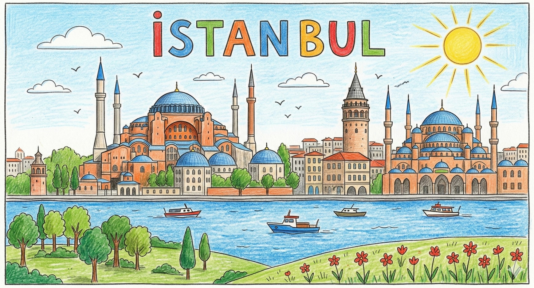 Illustrative Hand-Drawn Istanbul Skyline Prompt 生成效果示例