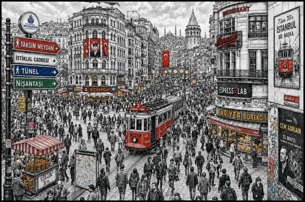 Intricate Stippling Illustration of Istanbul Street Scene 生成效果示例