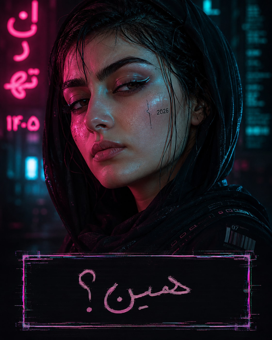 Cyberpunk Portrait of an Iranian Woman with “همین؟” Glitch Frame 生成效果示例