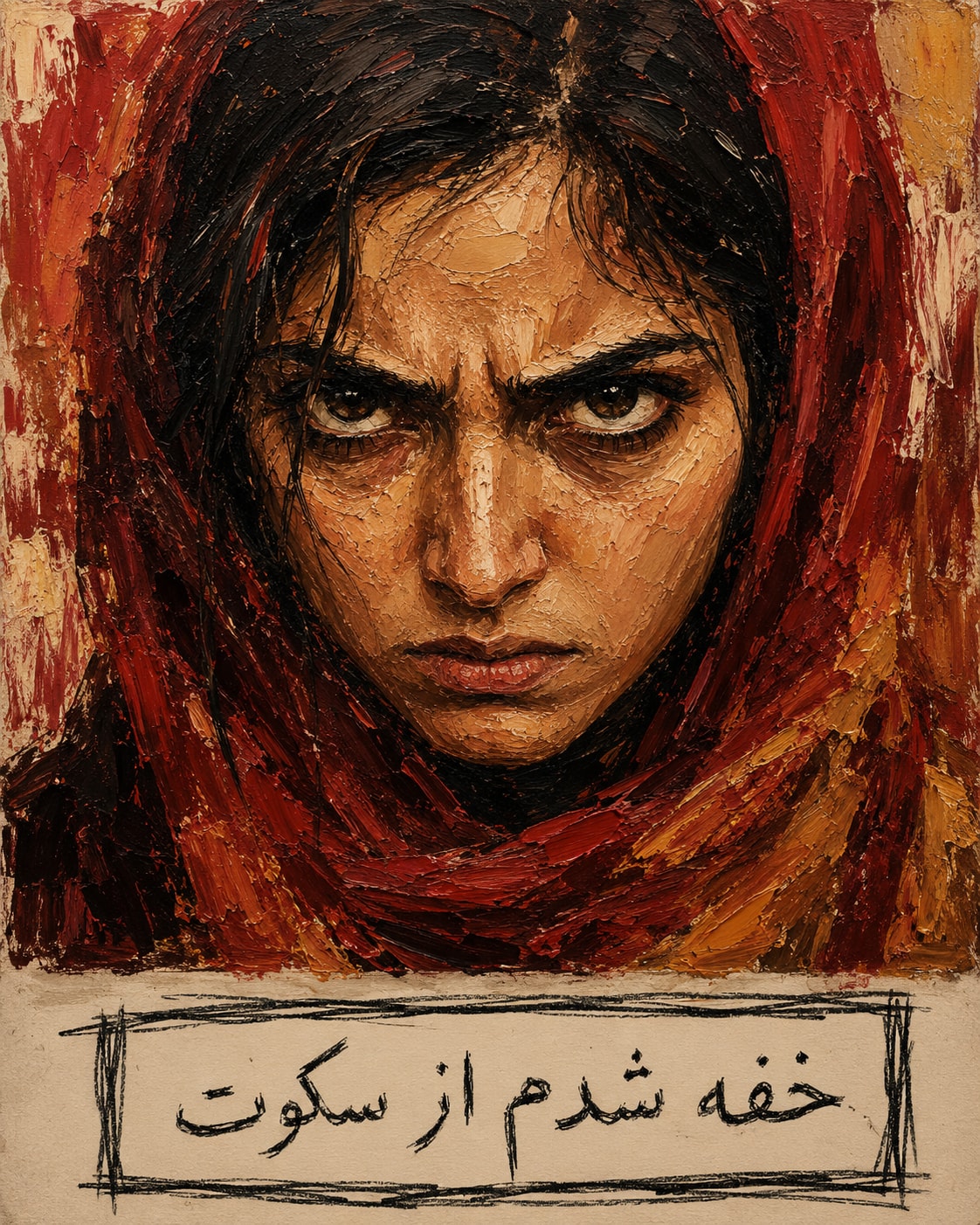 Impasto Oil Portrait of an Iranian Woman with “خفه شدم از سکوت” 生成效果示例