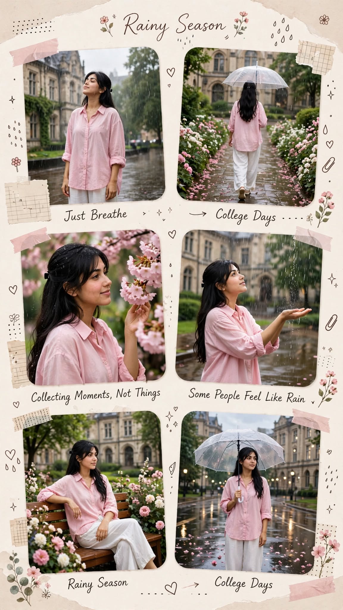 Rainy Season College Moodboard - 6-Frame Scrapbook Collage 生成效果示例