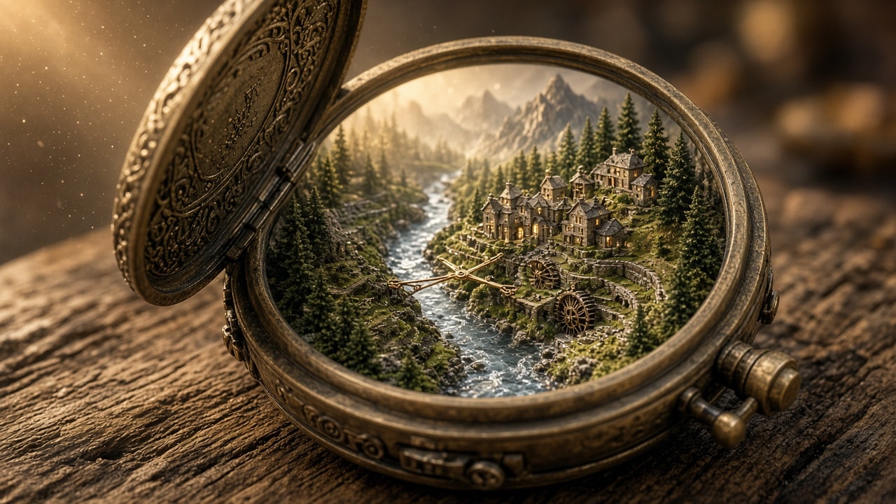 Miniature World Inside a Vintage Pocket Watch 生成效果示例