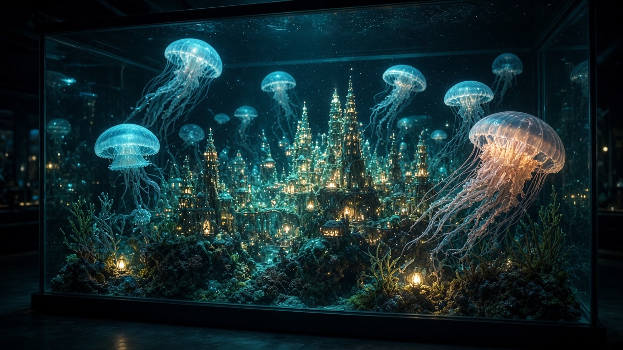 Bioluminescent Jellyfish City in a Night Aquarium 生成效果示例
