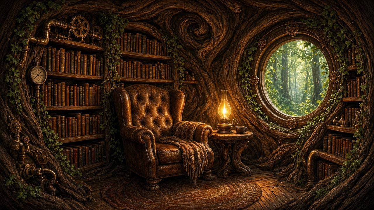 Steampunk Reading Nook Inside a Living Oak 生成效果示例