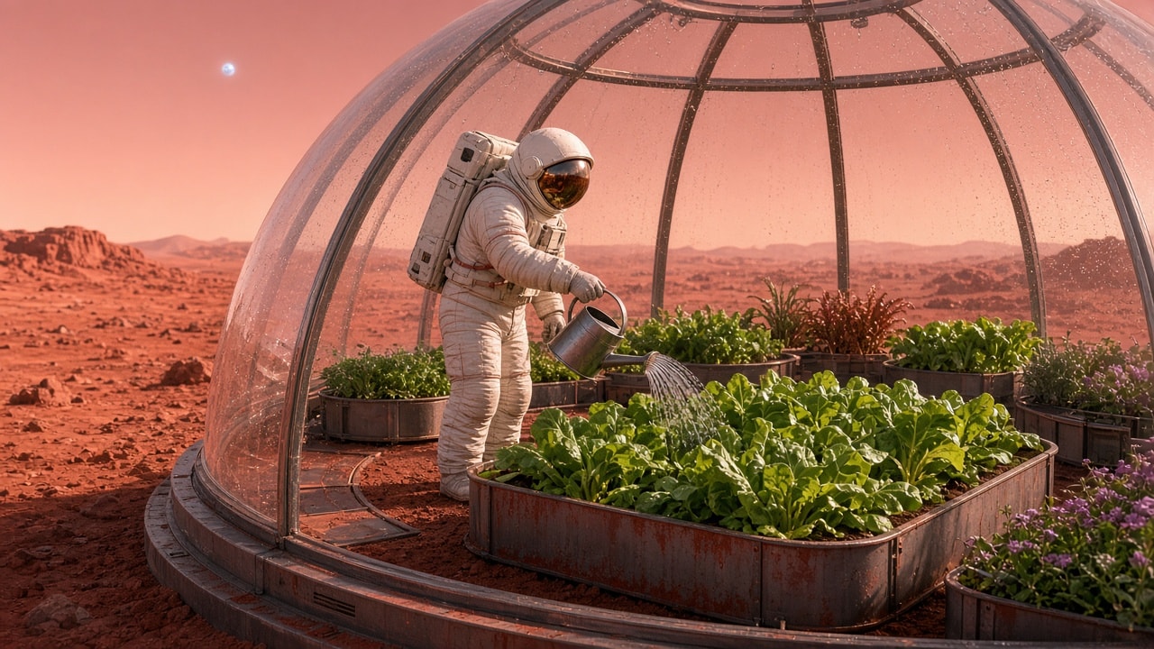 Tiny Astronaut Tending a Mars Rooftop Garden 效果示例