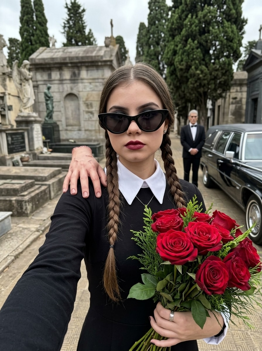 Wednesday-Inspired Gothic Cemetery Selfie 效果示例