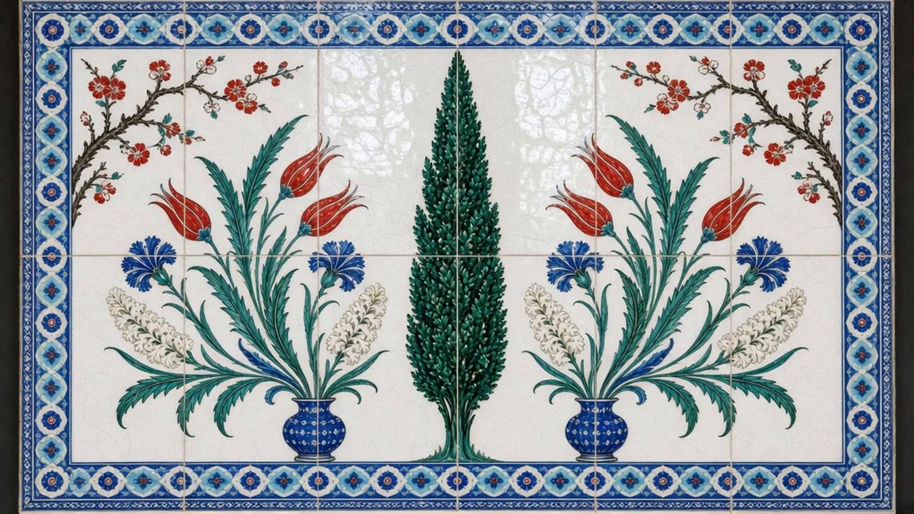 Iznik Ceramic Tile Panel of Tulips, Carnations, and a Cypress Tree 生成效果示例