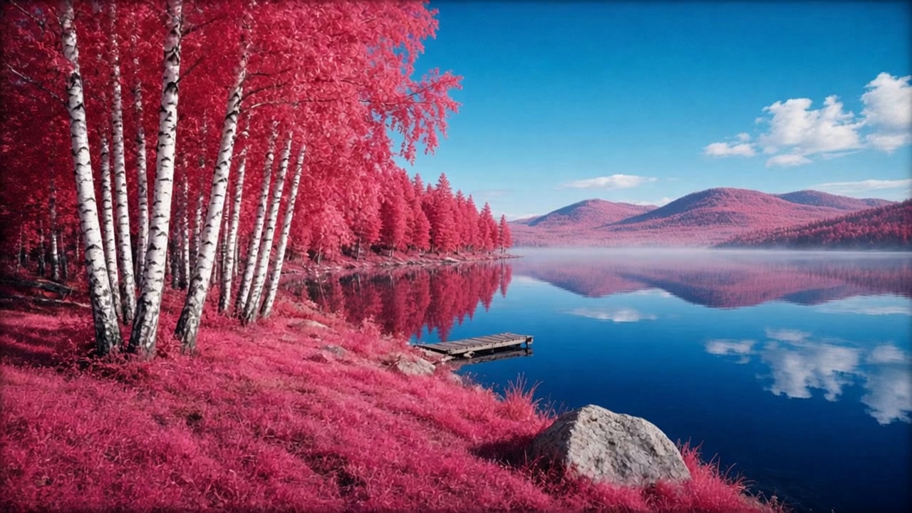 Aerochrome Infrared Photograph of a Birch Forest and a Still Lake 生成效果示例