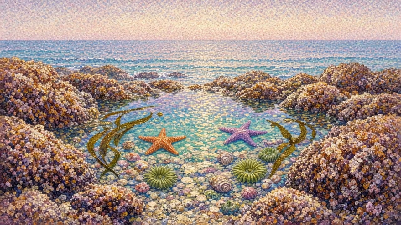 Pointillist Painting of a Rocky Tide Pool with Starfish and Sea Anemones 生成效果示例