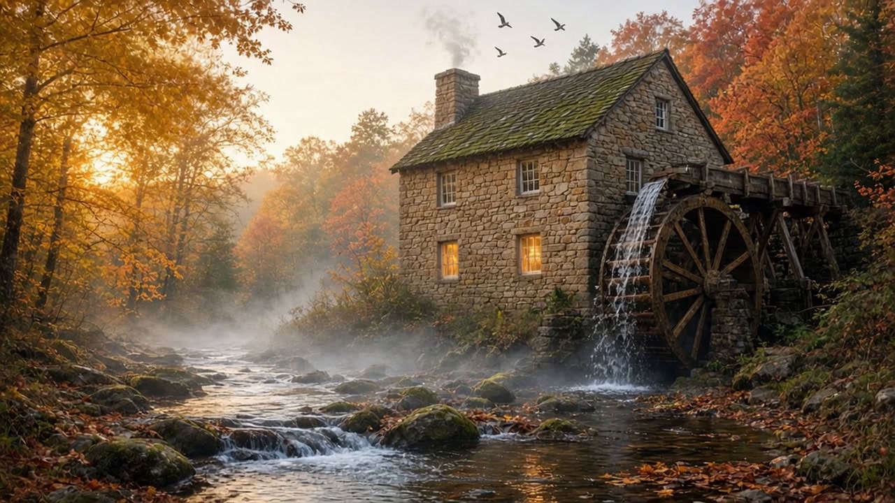 Stone Watermill on a Forest Stream at Autumn Dawn 生成效果示例