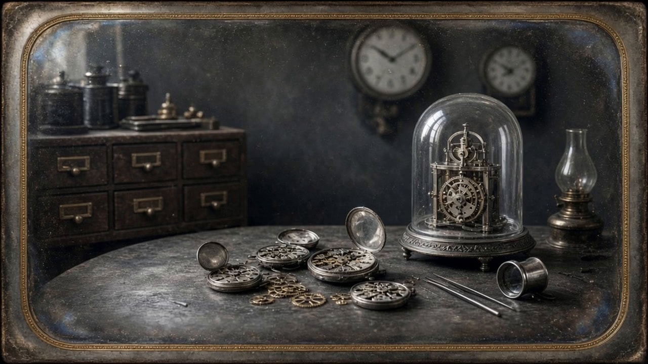 Daguerreotype of a Clockmaker's Workbench with Open Pocket Watches and Brass Gears 生成效果示例