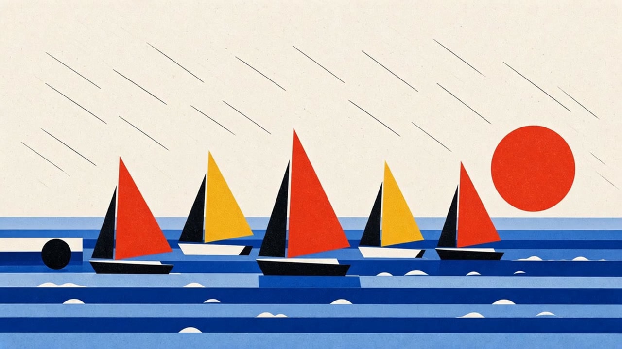 Bauhaus Geometric Poster of a Sailboat Regatta on a Blue Bay 生成效果示例