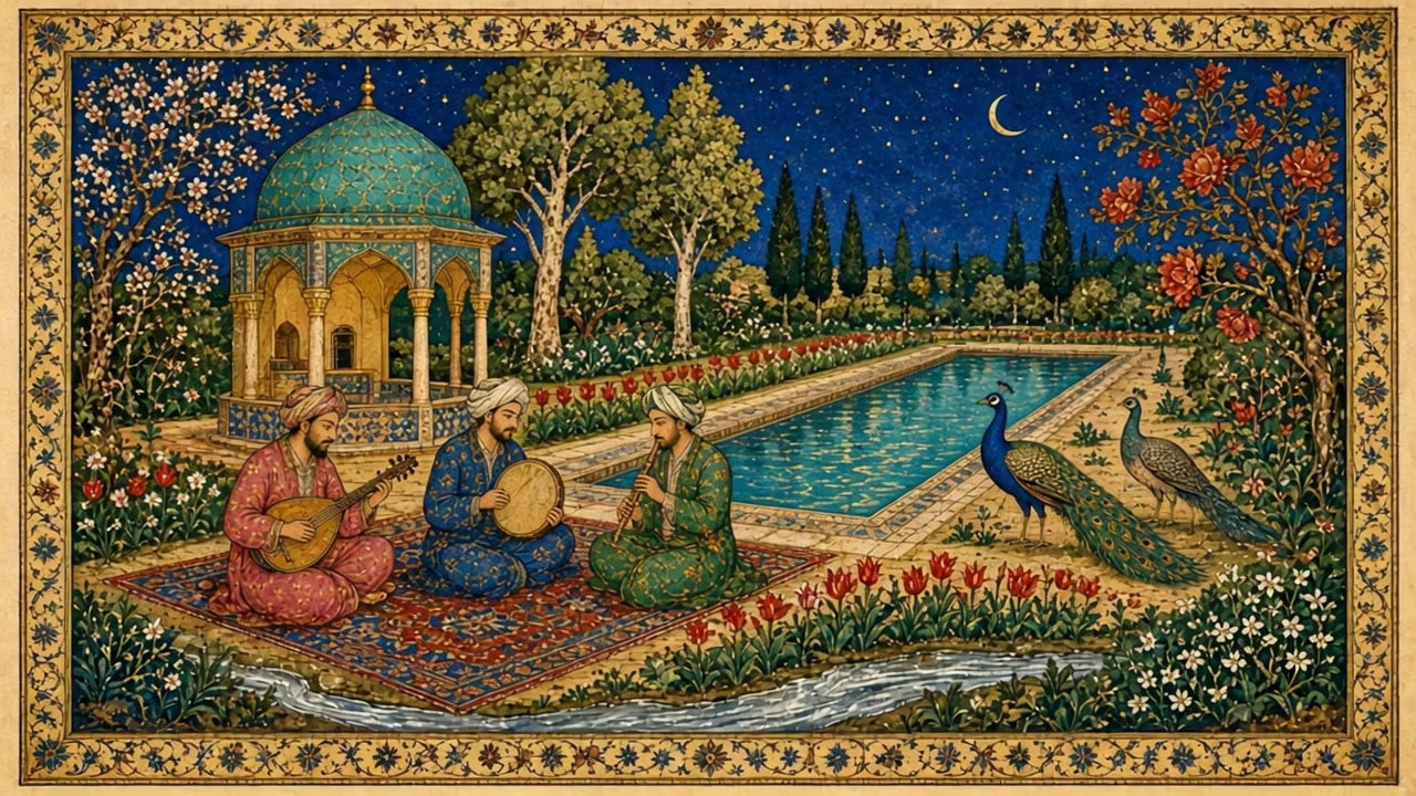 Persian Miniature Painting of a Night Garden Pavilion with Musicians by a Moonlit Pool 生成效果示例