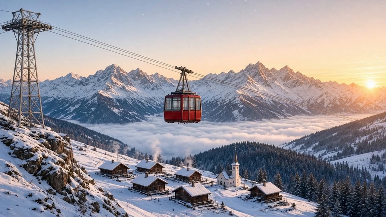 Red Alpine Cable Car Above a Snowy Valley at Winter Sunrise 生成效果示例
