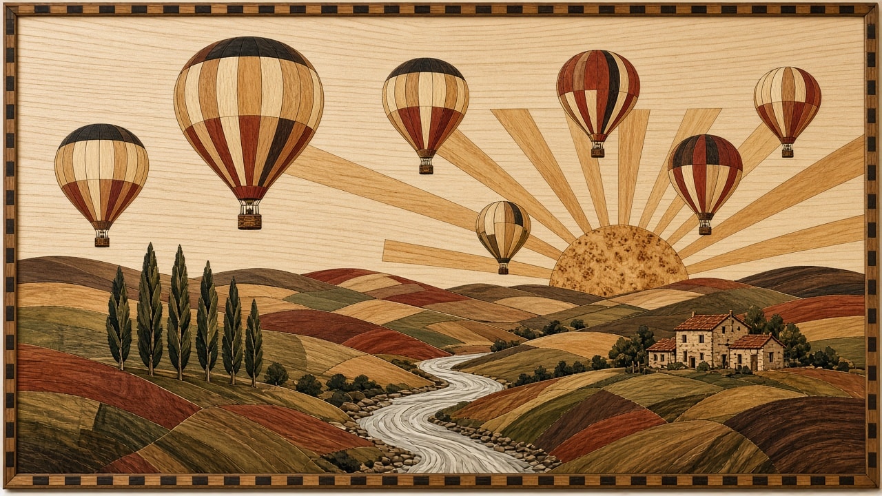 Marquetry Wood Inlay Panel of Hot Air Balloons over Rolling Hills at Sunrise 效果示例