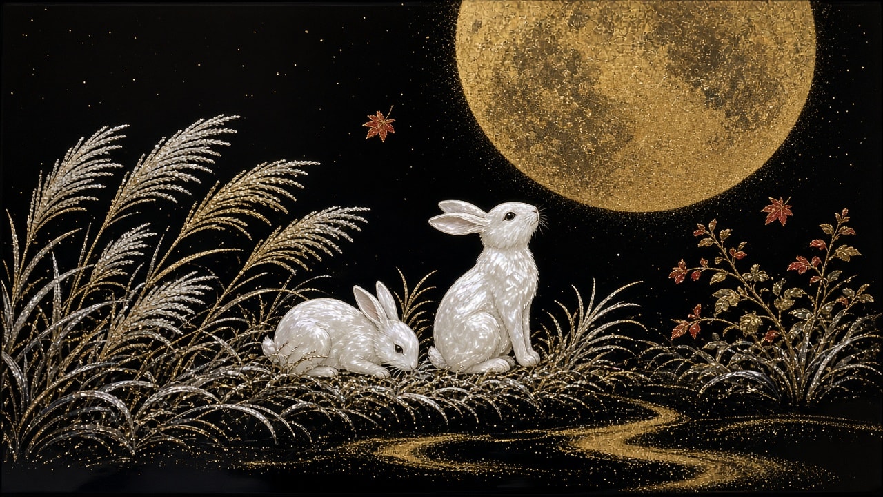 Japanese Maki-e Gold Lacquer Panel of Moon-Viewing Rabbits in Pampas Grass 生成效果示例