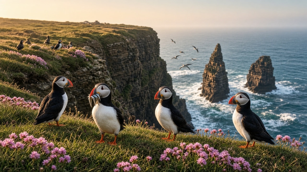 Photoreal Atlantic Puffin Colony on a Sea Cliff at Golden Hour 生成效果示例
