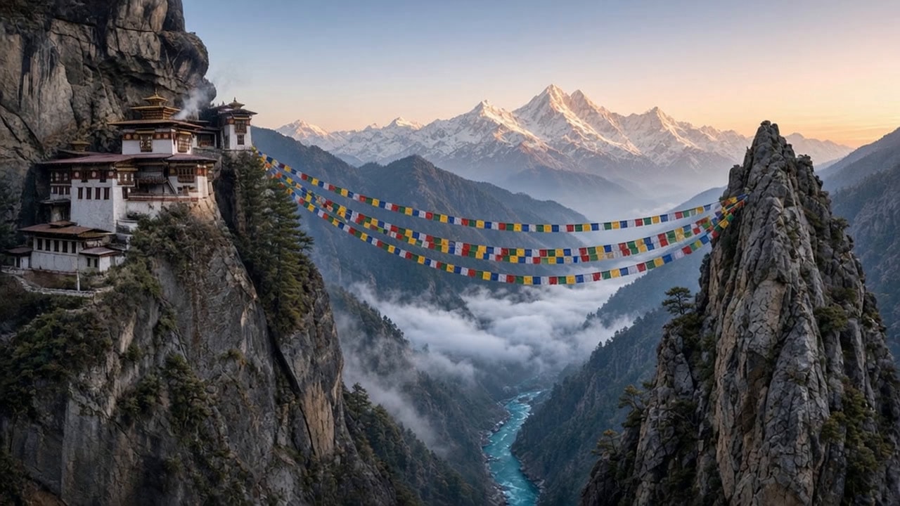 Cliffside Himalayan Monastery with Prayer Flags at Misty Dawn 生成效果示例